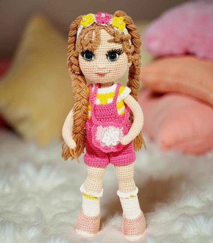 Myrtilus Amira – The Handmade Crochet Doll by Myrtilus with Braided Hair and Floral Headband, Eco-Friendly Organic Cotton, Limited Edition