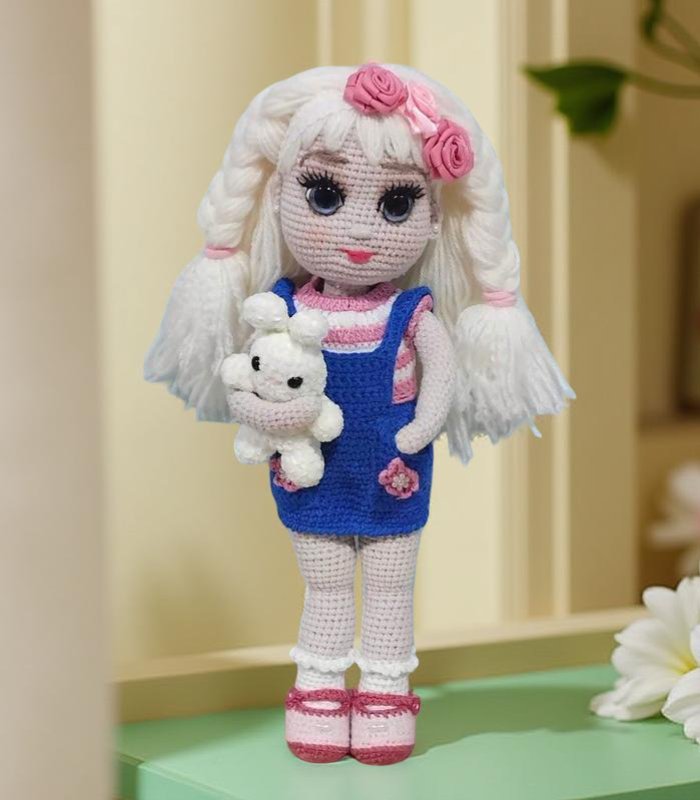 Myrtilus Lamia – The Handmade Crochet Doll by Myrtilus with Snow White Braids and Floral Mini Dress, Eco-Friendly Organic Cotton, Limited Edition