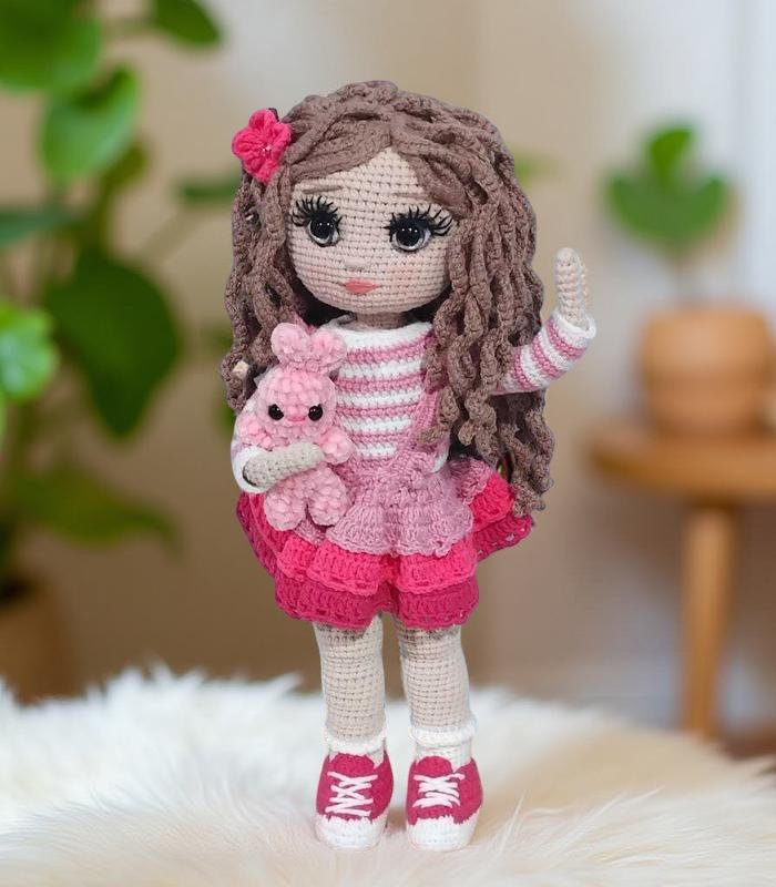 Myrtilus Layla – The Handmade Crochet Doll by Myrtilus with Curly Brown Hair and Striped Blouse, Eco-Friendly Organic Cotton, Limited Edition