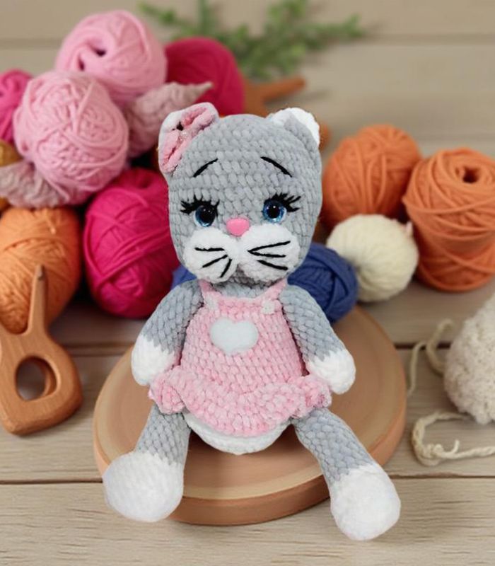 Myrtilus Pink Cat – The Handmade Crochet Cat by Myrtilus in Pink Summer Dress, Eco-Friendly, Non-Allergic Material, Safe for All Ages