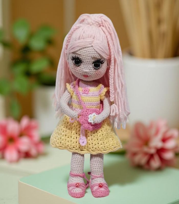 Myrtilus Yasmin – The Handmade Crochet Doll by Myrtilus with Creamy Pink Hair and Striped Summer Dress, Eco-Friendly Organic Cotton, Limited Edition