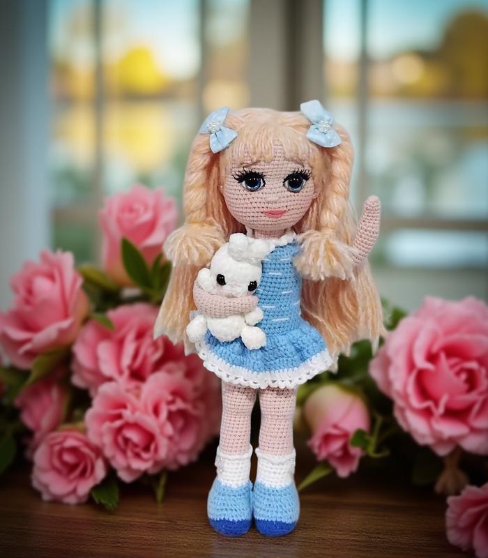 Myrtilus Noura – The Handmade Crochet Doll by Myrtilus with Braided Blond Hair and Blue Summer Dress, Eco-Friendly Organic Cotton, Limited Edition