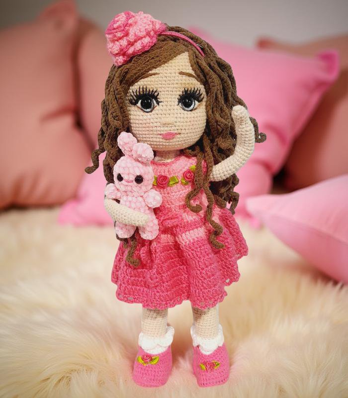 Myrtilus Ariadne -The Handmade Brunette Crochet Doll by Myrtilus with Pink Dress and Red Shoes, Eco-Friendly Organic Cotton, Limited Edition