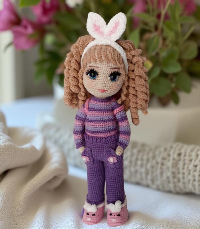 Myrtilus Aya – The Handmade Crochet Doll by Myrtilus with Curly Hair and Bunny Accessories, Eco-Friendly Organic Cotton, Limited Edition