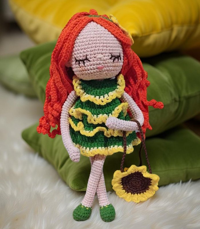 Myrtilus Flora – The Handmade Crochet Fairy Doll by Myrtilus with Curly Orange Hair and Green Summer Dress, Eco-Friendly Organic Cotton, Limited Edition