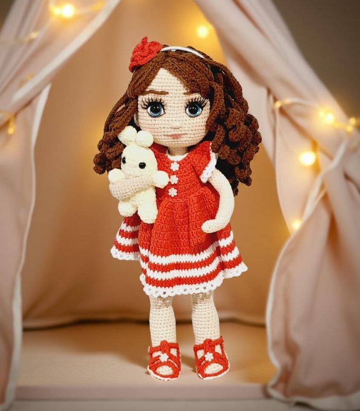 Myrtilus Mariam – Handmade Crochet Doll by Myrtilus with Flowing Brunette Curls, Red Summer Dress & Pet Companion, Limited Edition