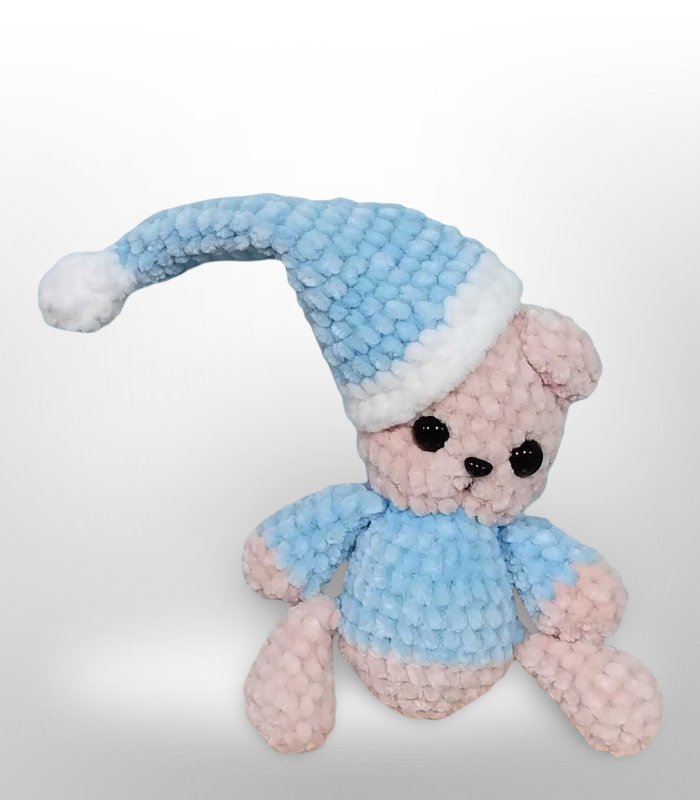 Myrtilus Mini Bear – The Handmade Crochet Bear by Myrtilus in Blue/Pink Suit, Eco-Friendly, Non-Allergic Material, Safe for All Ages