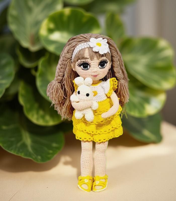 Myrtilus Safiya – Handmade Crochet Doll by Myrtilus with Golden Braids, Green Eyes & Yellow Summer Dress, Limited Edition