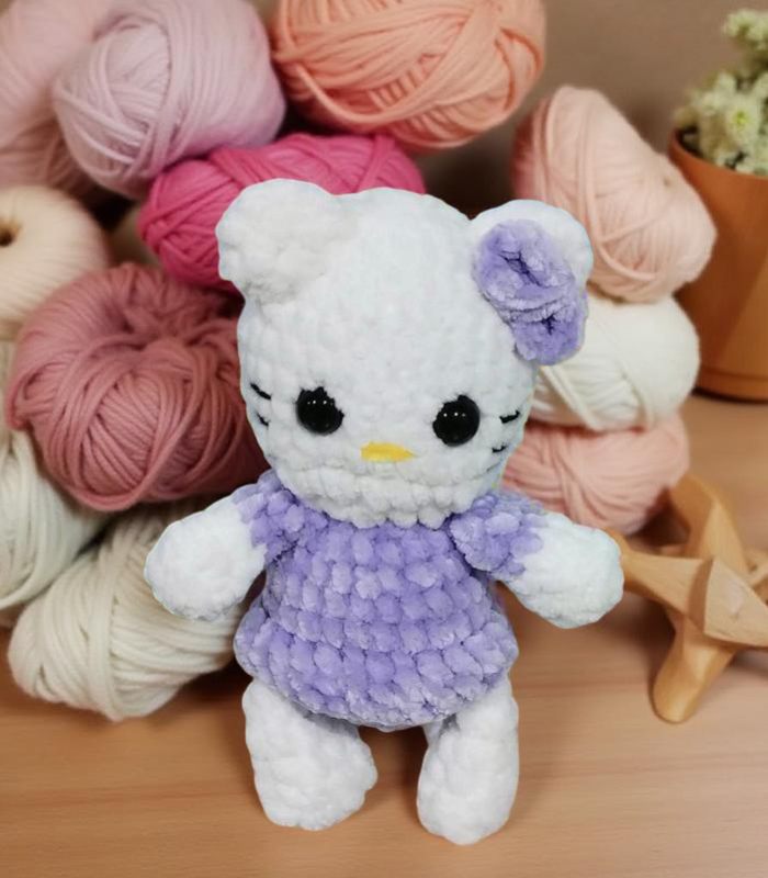 Myrtilus White Mini Kitty – The Handmade Crochet Kitty by Myrtilus in Purple Dress, Eco-Friendly, Non-Allergic Material, Safe for All Ages