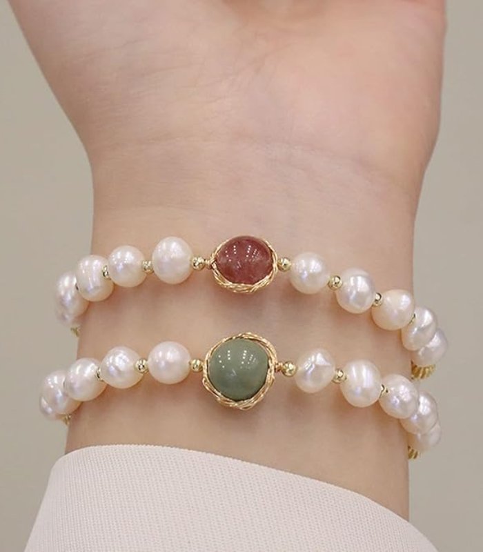 Myrtilus 14K Gold-Plated Pearl Bracelet – with Strawberry Quartz or Aventurine