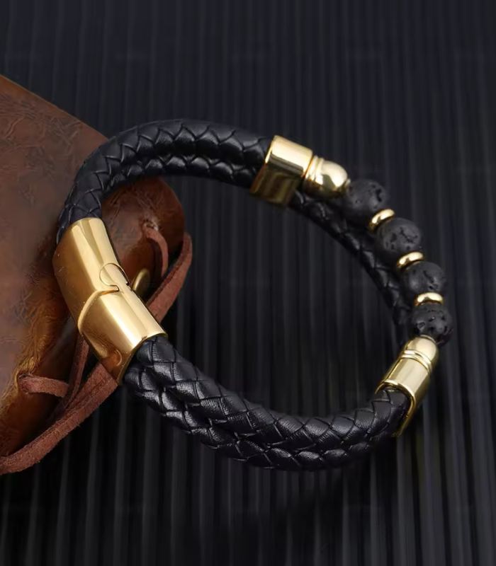 Myrtilus Men’s Volcanic Rock Leather Bracelet – Braided Bead Design