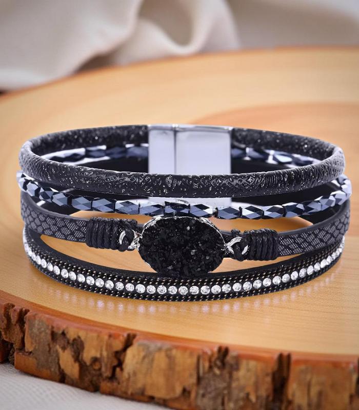 Myrtilus Leather Wrap Bracelet – Handmade with Crystal Beads and Magnetic Cuff Closure