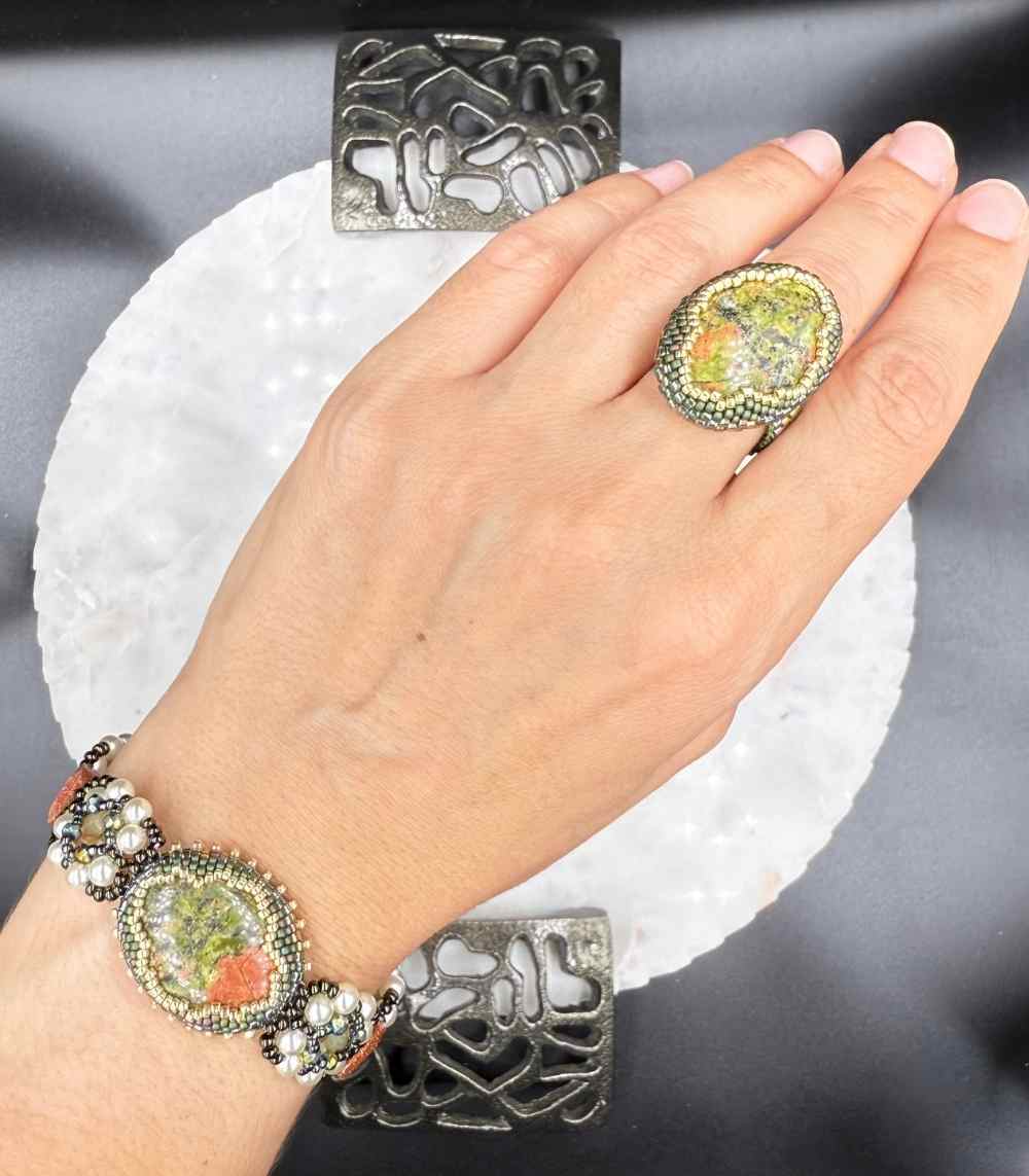 Myrtilus Verdant Eclipse – Handmade Unakite Bracelet & Ring Set
