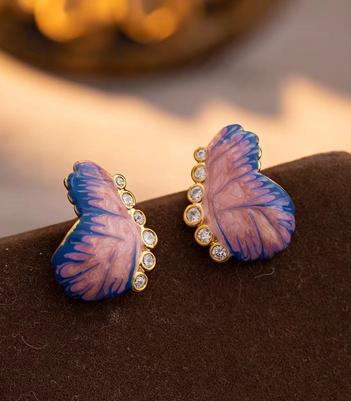 Myrtilus 14K Gold-Plated Butterfly Enamel Stud Earrings – Handmade Vintage-Inspired Party Jewelry