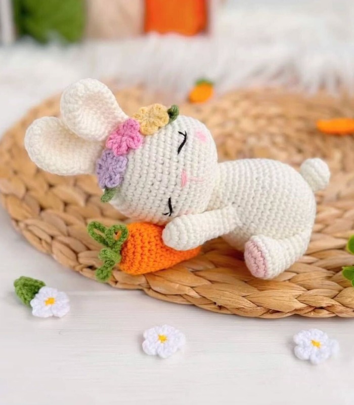 Myrtilus Rabbit Sleeping with a Carrot & Floral Crown by Myrtilus, For All Ages