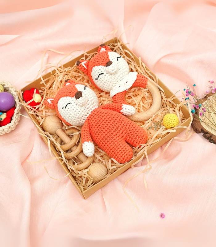 Myrtilus Crochet Fox Teether Gift Set – Handmade in Cotton