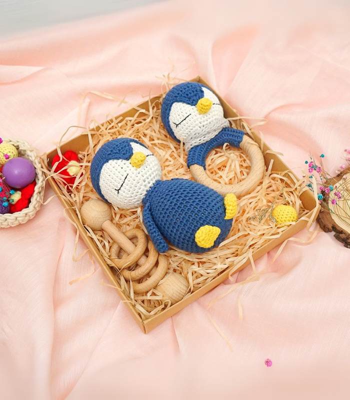 Myrtilus Crochet Penguin Teether Gift Set – Handmade in Cotton