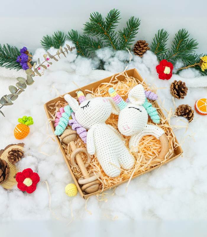Myrtilus Crochet Unicorn Teether Gift Set – Handmade in Cotton