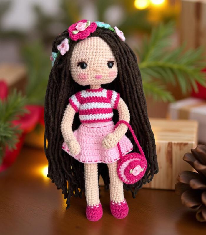 Myrtilus Hala – A Handmade Crochet Doll by Myrtilus in Rosy Pink Ensemble with Floral Accessories, Limited Edition