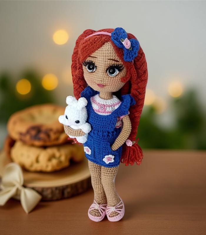 Myrtilus Haya – A Handmade Crochet Doll by Myrtilus with Red Braids, Brown Eyes & Blue Floral Dress, Limited Edition
