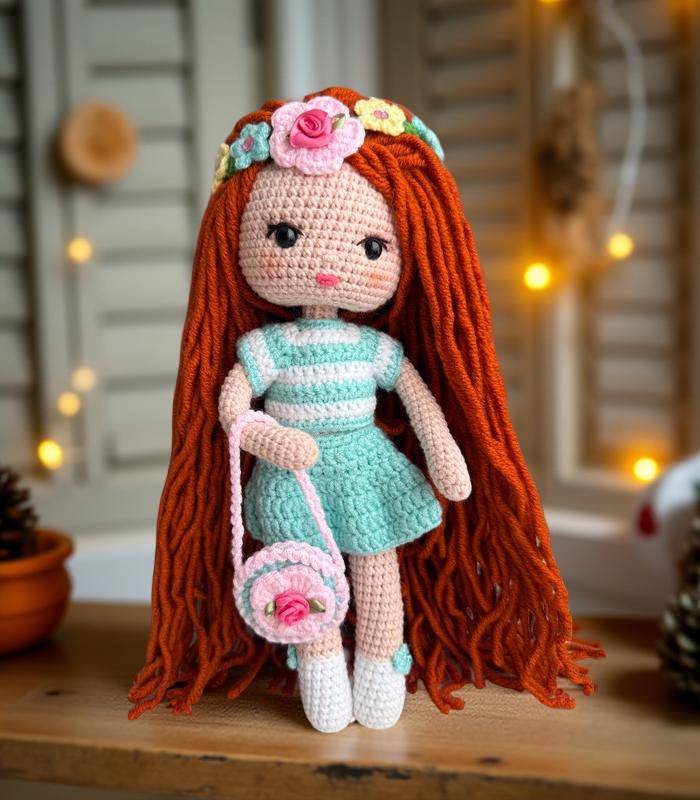 Myrtilus Maha – A Handmade Crochet Doll by Myrtilus with Long Auburn Hair, Blue Striped Dress & Floral Accessories