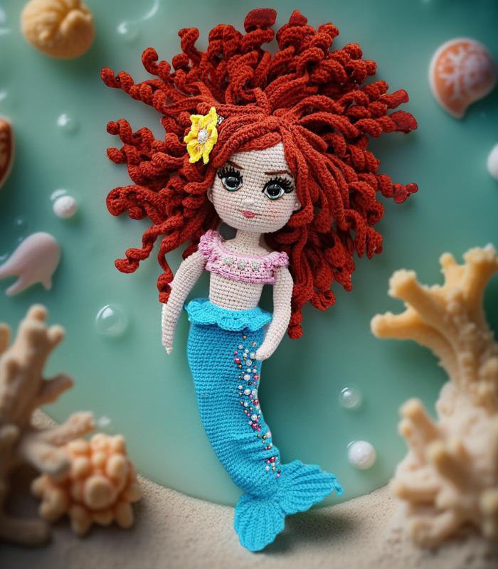 Myrtilus Mermaid Bahira – A Handmade Crochet Doll by Myrtilus with Curly Red Hair, Beaded Blue Tail & Pink Dress, Limited Edition