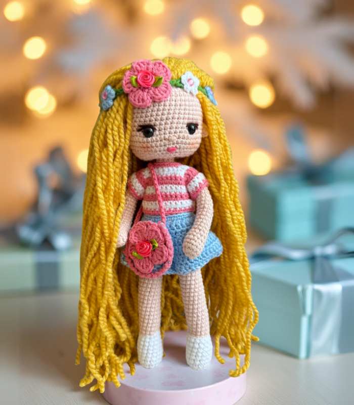 Myrtilus Doha – Handmade Crochet Doll with Long Yellow Hair, Floral Crown & Pink bag, Organic Cotton by Myrtilus, Limited Edition