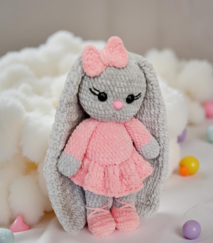Myrtilus Rose Bunny – A Handmade 44cm Crochet Bunny by Myrtilus with Long Ears, Rose Dress & Bow, Soft and Cuddly