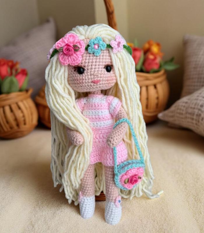 Myrtilus Sana – A Handmade Crochet Doll by Myrtilus in a Flower Crown & Pink Ensemble, Limited Edition