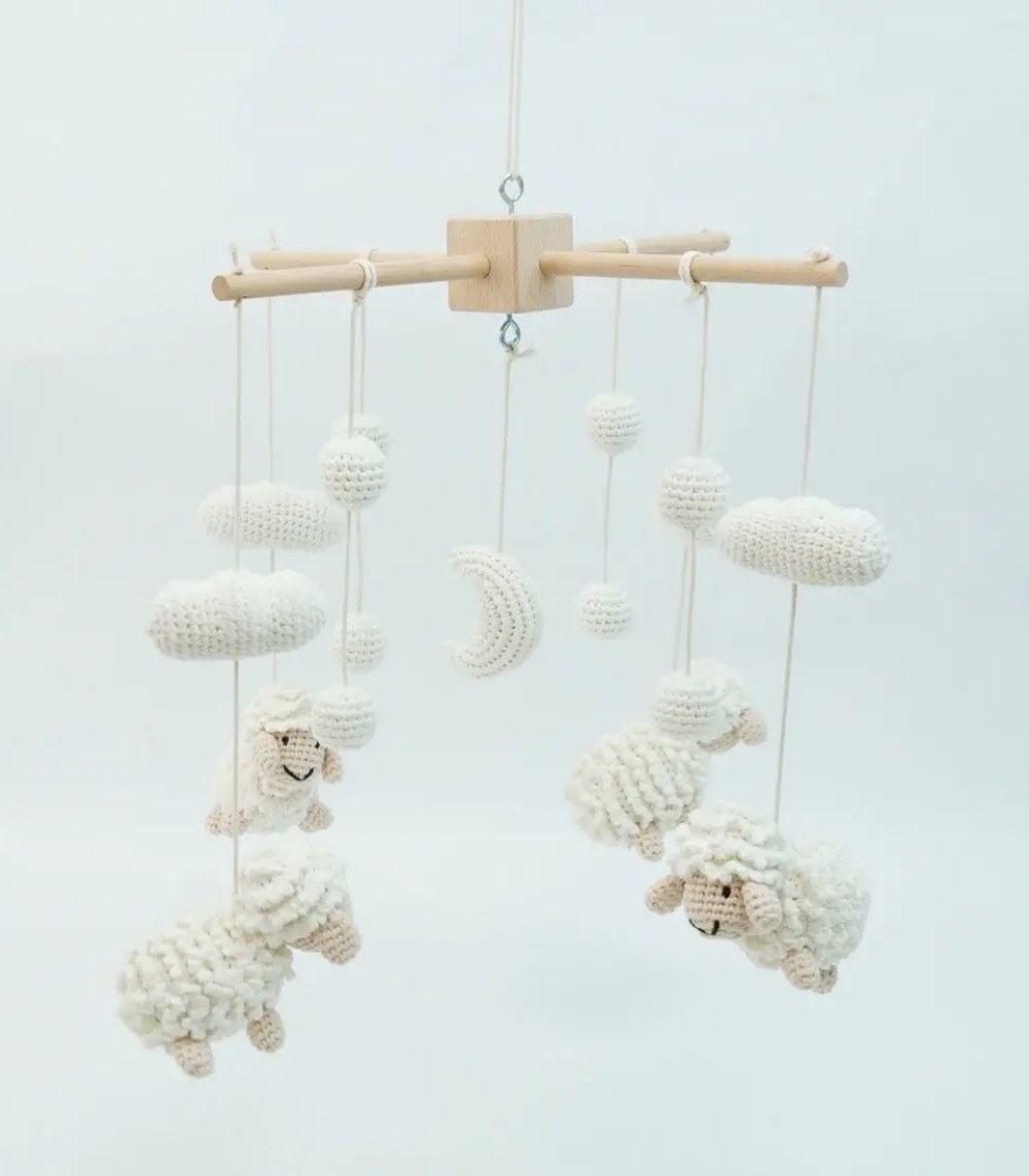 Myrtilus Crochet Sheep & Moon Baby Mobile – Handmade in Cotton