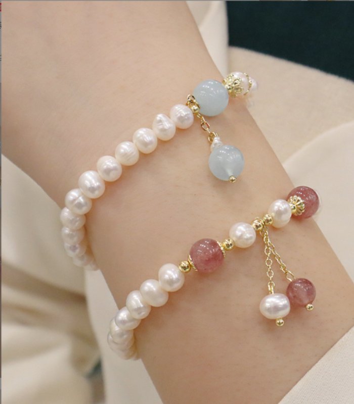 Myrtilus 14K Gold-Plated Aquamarine & Strawberry Crystal Bracelet – with Freshwater Pearls