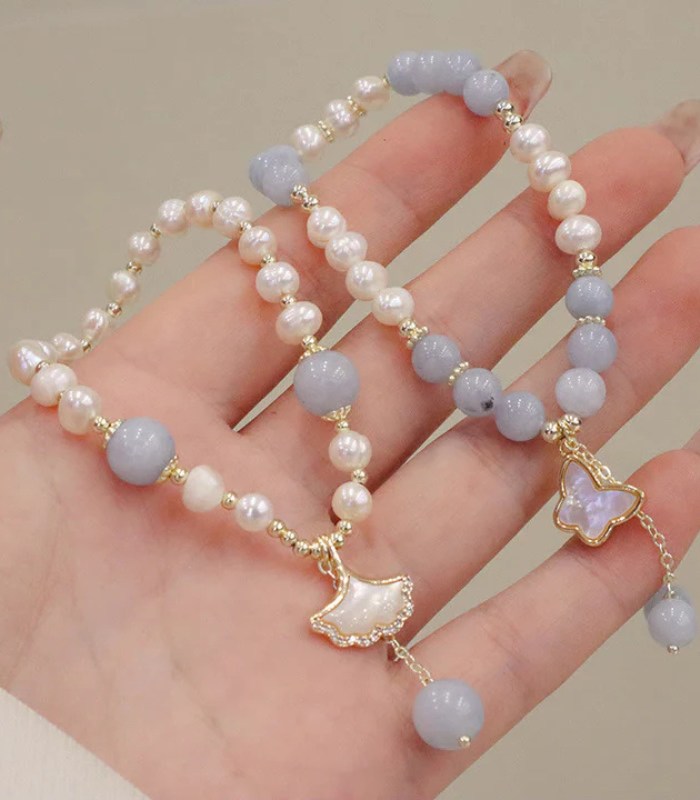 Myrtilus 14K Gold-Plated Aquamarine & Pearl Bracelet – Ginkgo Leaf or Butterfly Charm