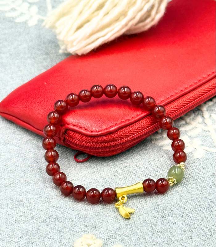 Myrtilus 14K Gold-Plated Bamboo Bracelet – Handmade with Red Agate Beads