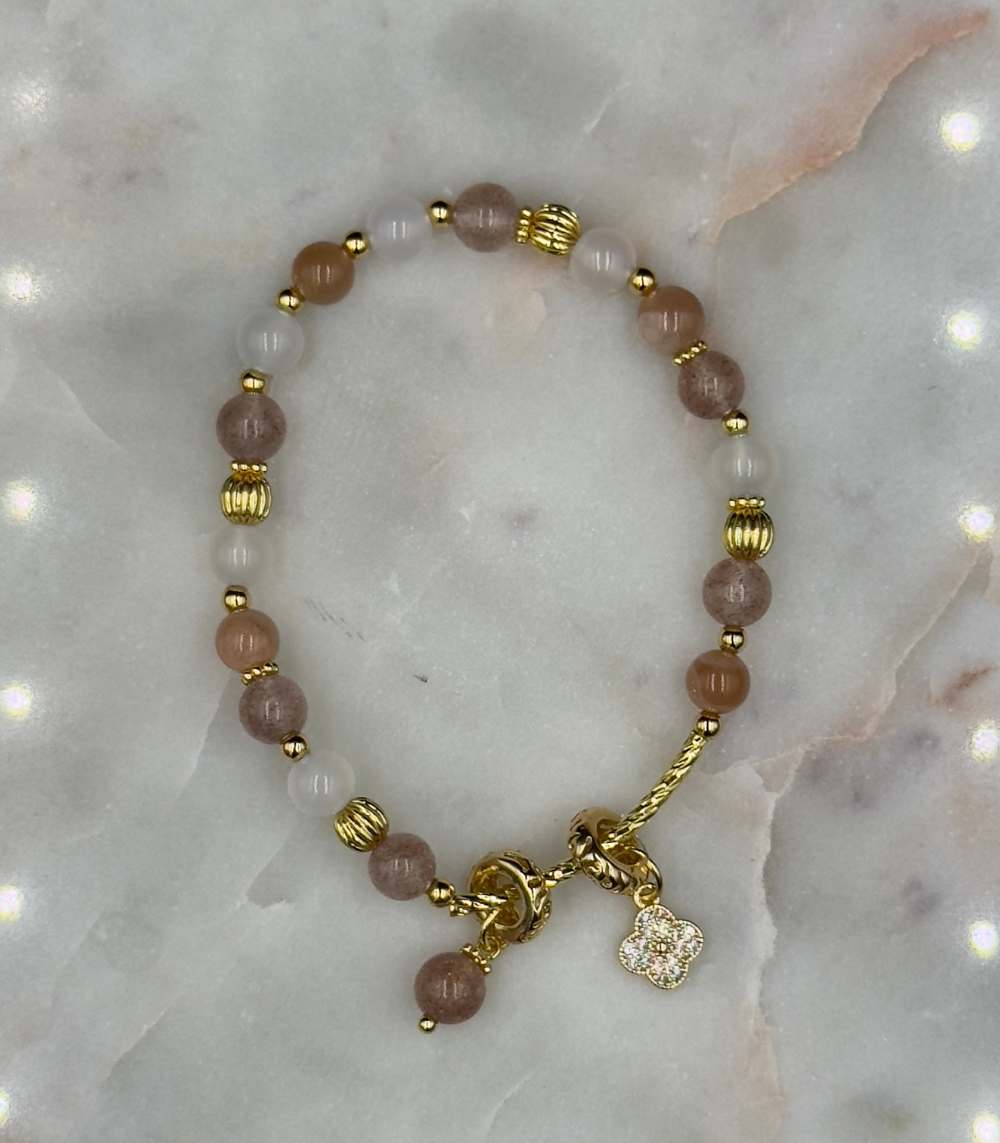 Myrtilus 14K Gold-Plated White Crystal & Rose Quartz Bracelet – Handmade with Beads