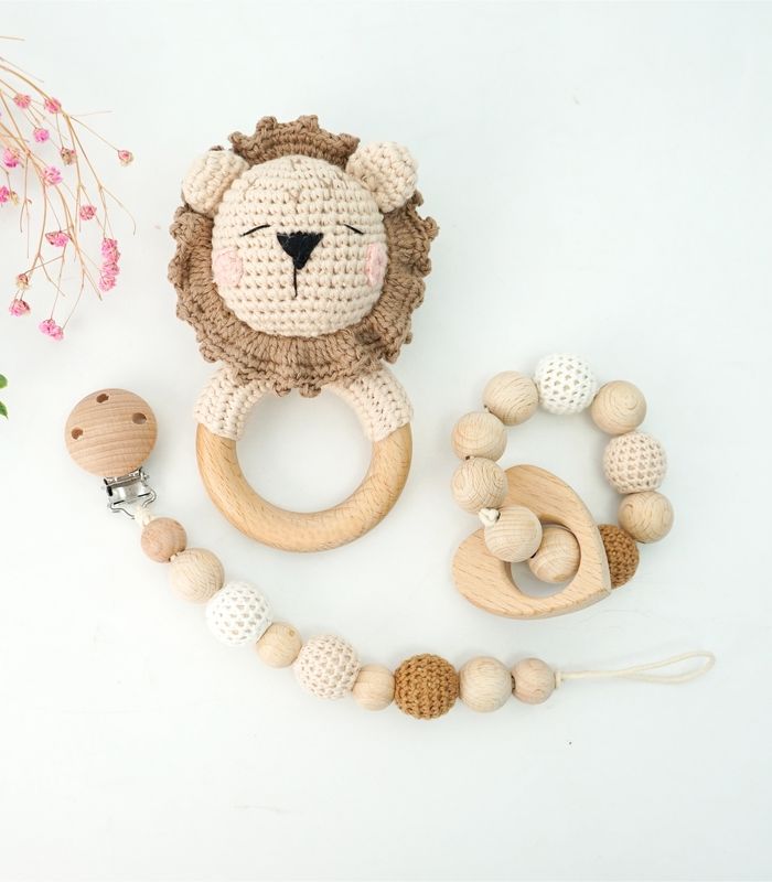 Myrtilus 3-Piece Crochet Baby Lion Rattle Teether Set – Handmade in Cotton & Wood