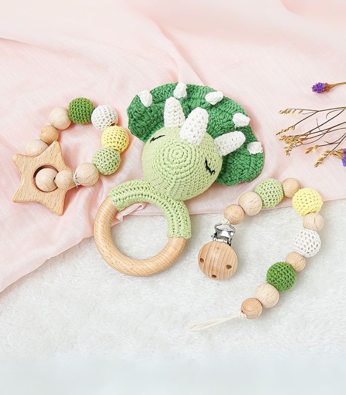 Myrtilus Crochet Dinosaur Rattle & Teether Set – Handmade in Cotton
