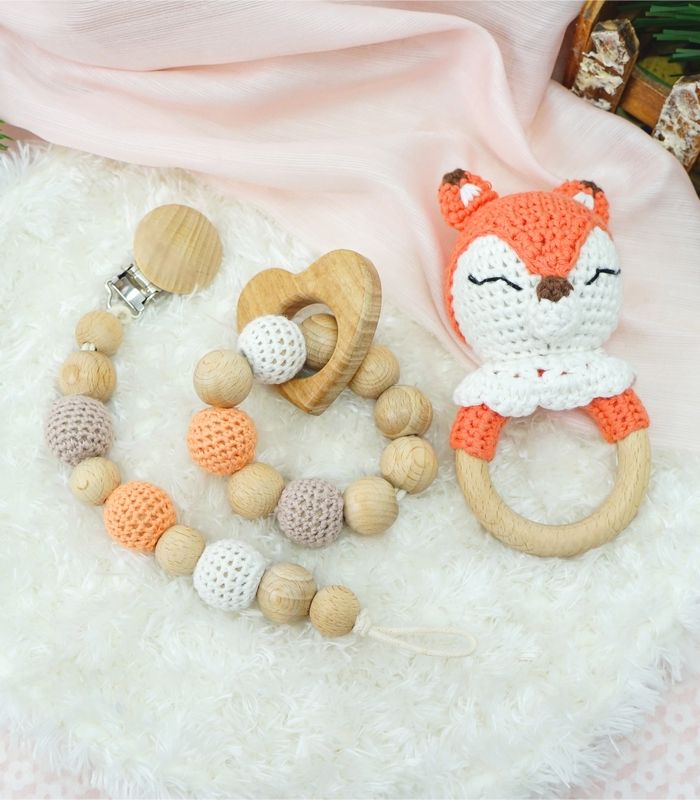 Myrtilus Crochet Fox Rattle & Teether Set – Handmade in Cotton