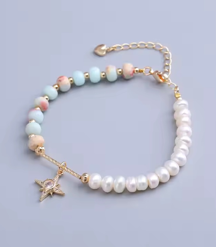 Myrtilus 14K Gold-Plated Pearl & Shoushan Stone Bracelet – Handmade with Star Charm