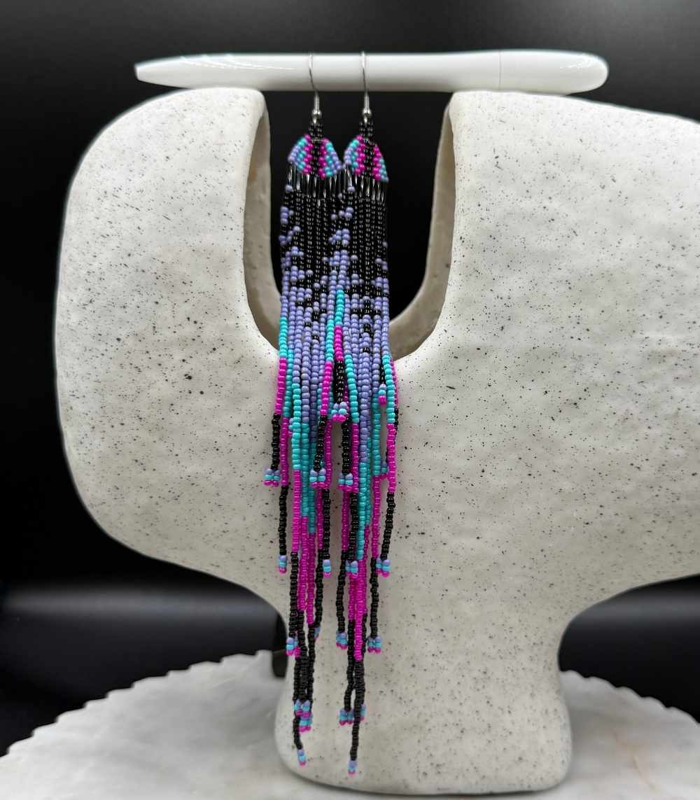 Myrtilus Lampwork Drop Earrings – Twilight Bloom & Woven Tassel Beaded Design
