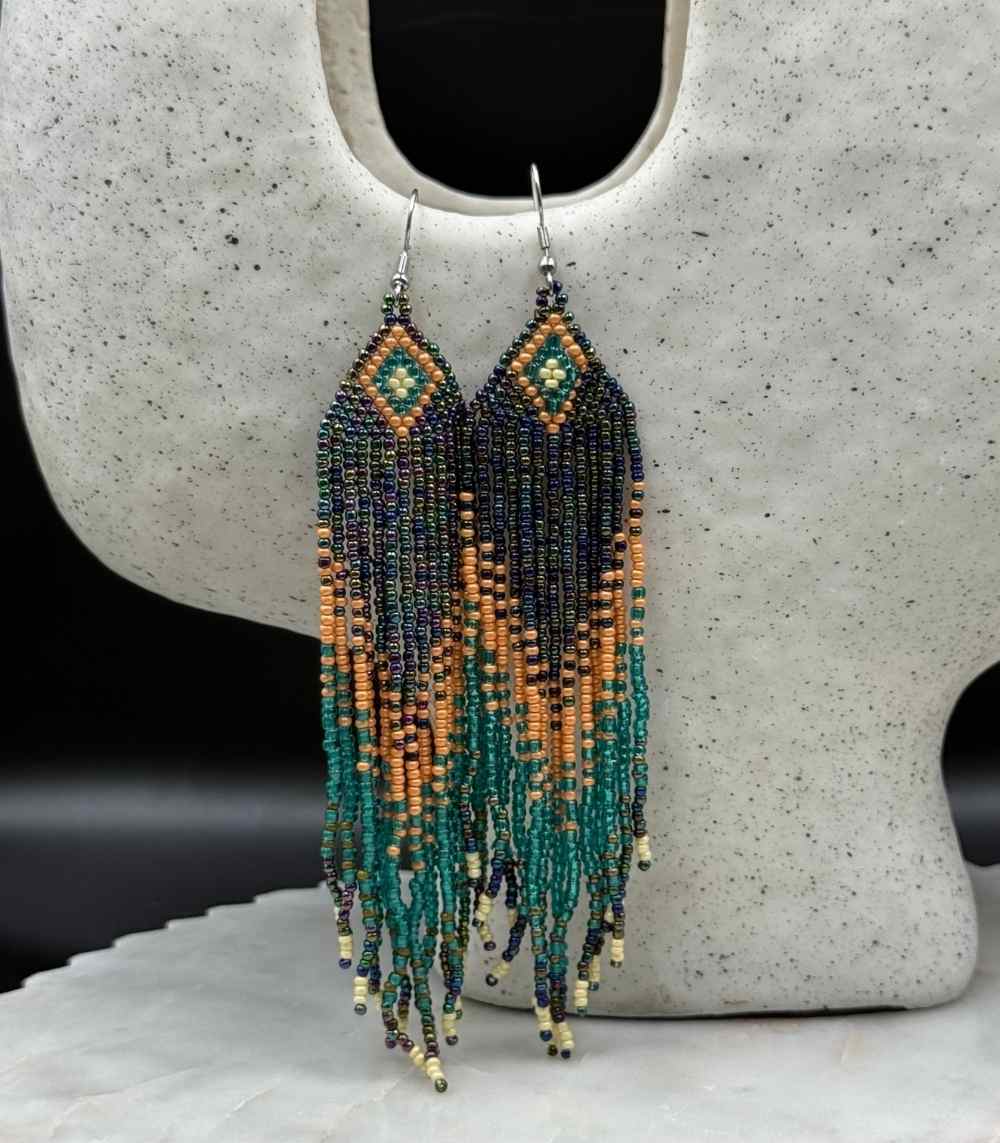 Myrtilus Lampwork Drop Earrings – Desert Chevron & Twilight Fade Beaded Fringe Design