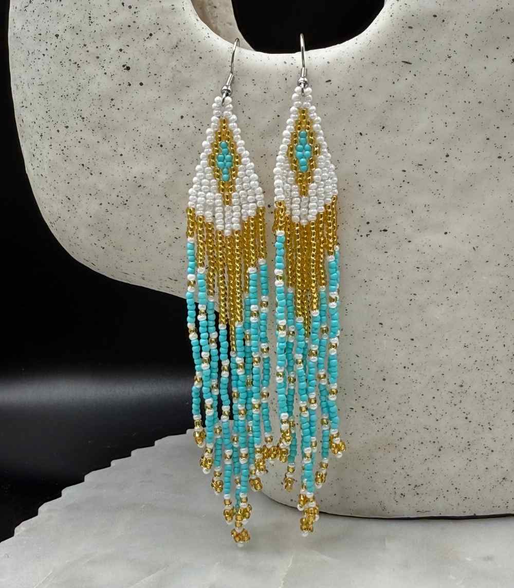 Myrtilus Lampwork Drop Earrings – Desert Jewel & Geometric Tassel Beaded Design