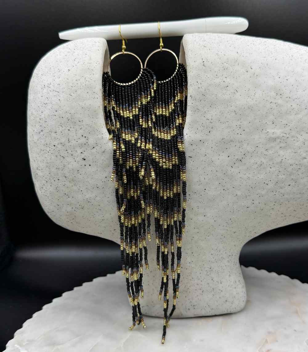 Myrtilus Lampwork Drop Earrings – Midnight Chevron & Golden Fringe Hoop Design