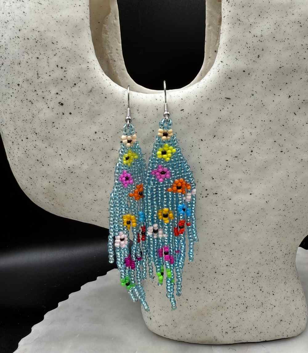 Myrtilus Lampwork Drop Earrings – Colorful Floral Tassel & Beaded Fringe Design