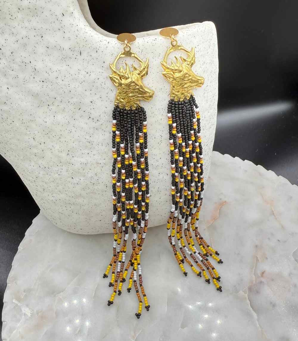 Myrtilus Lampwork Drop Earrings – Regal Stag & Rustic Beaded Tassel Design
