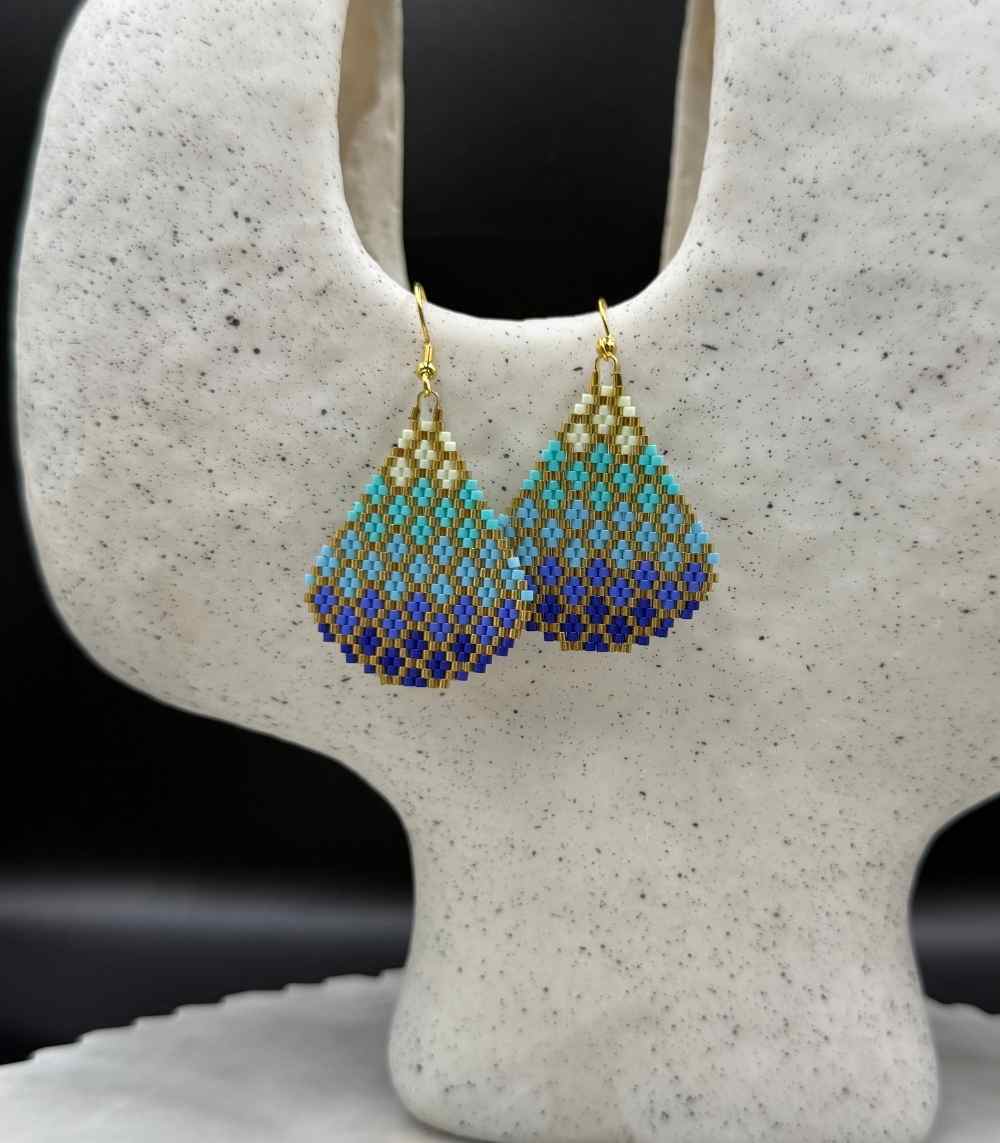 Myrtilus Lampwork Drop Earrings – Ocean Prism & Woven Diamond Bead Design