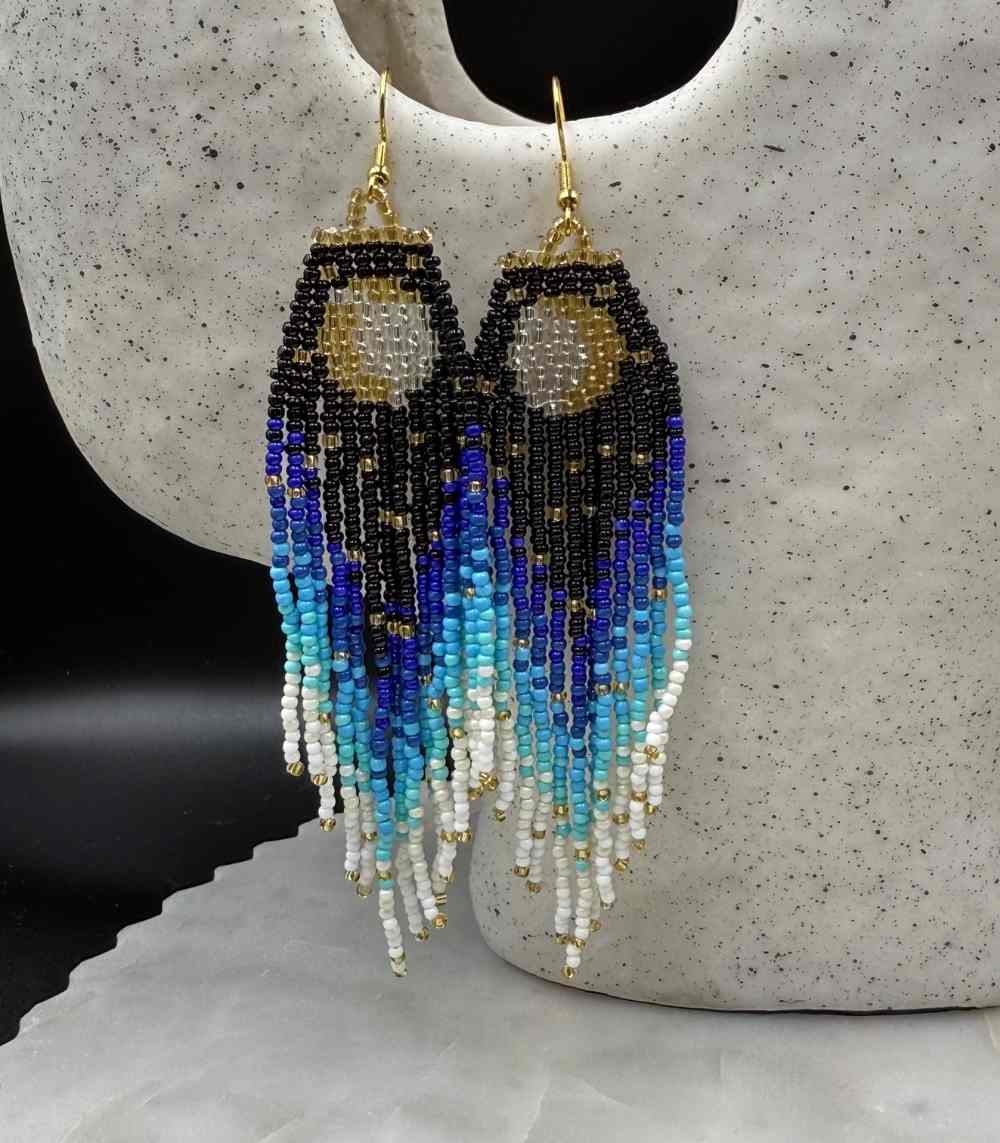 Myrtilus Lampwork Drop Earrings – Lunar Halo & Celestial Cascade Beaded Tassel Design