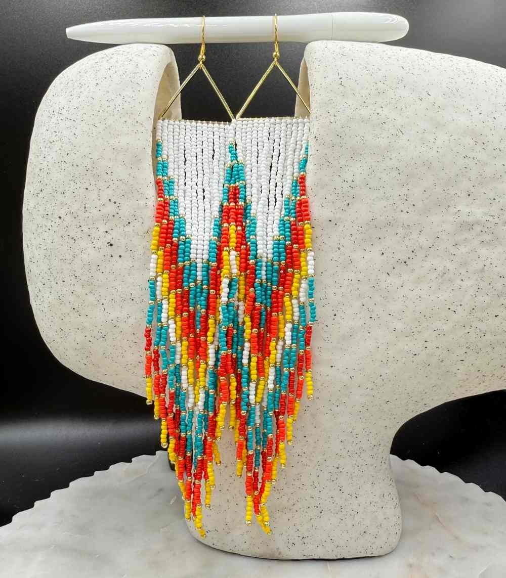Myrtilus Lampwork Drop Earrings – Ember Trail & Tribal Chevron Beaded Fringe Design