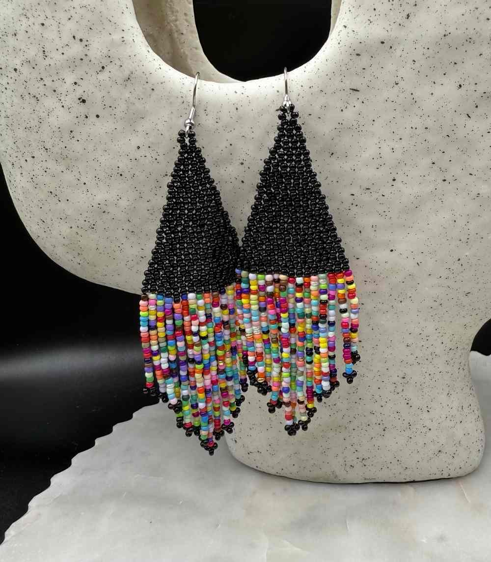 Myrtilus Lampwork Drop Earrings – Midnight Carnival & Multicolor Tassel Beaded Design