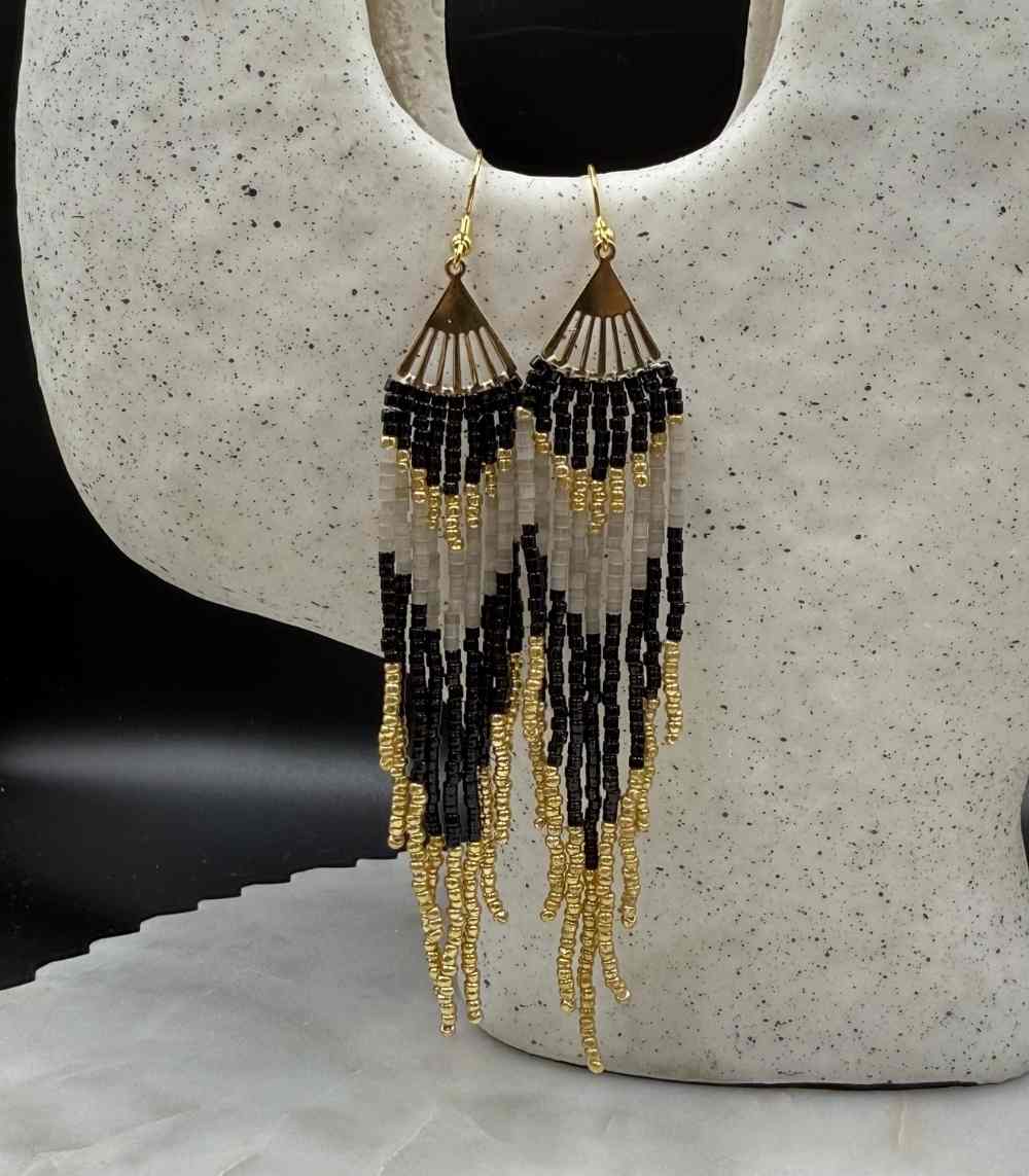 Myrtilus Lampwork Drop Earrings – Midnight Chevron & Golden Tassel Design