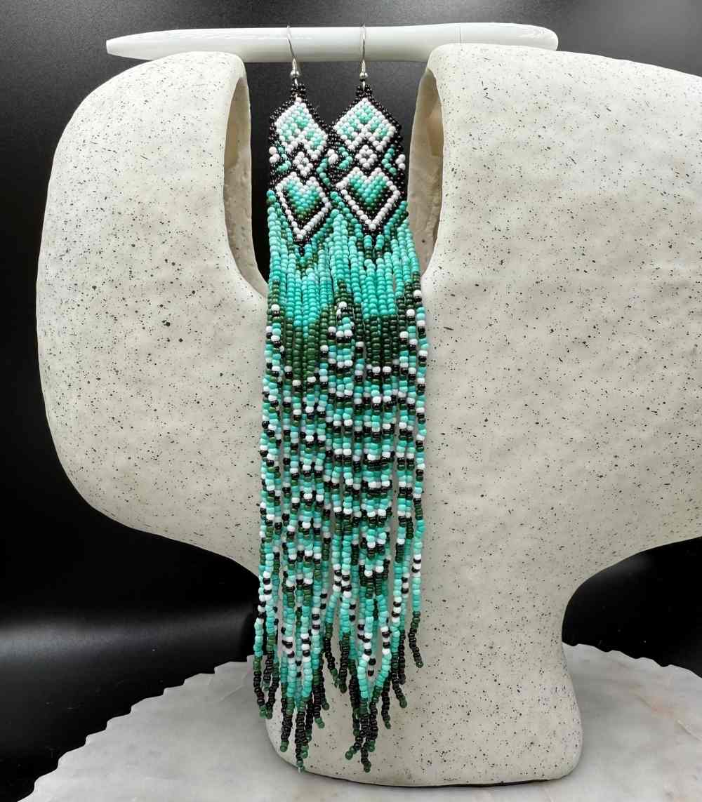 Myrtilus Lampwork Drop Earrings – Turquoise Extra-Long Fringe Beaded Design